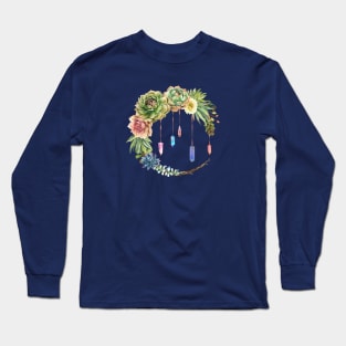 Crystal Crescent Moon With Succulents Long Sleeve T-Shirt